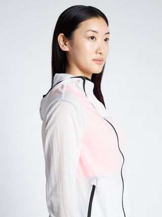 Woman wearing a TAGATONNA white transparent hooded jacket