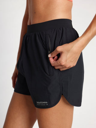 Black athletic shorts with a minimalistic TAGATONNA ATHLETIC DESIGN LAB brand logo on a white background